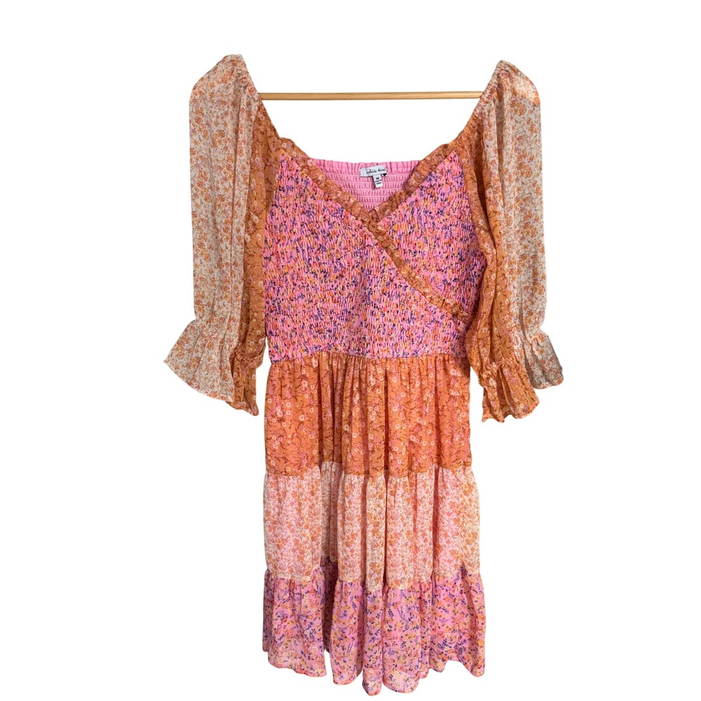 White Birch Floral Tiered Mini Dress Pink Orange‎ Smocked Long Sleeve Womens M